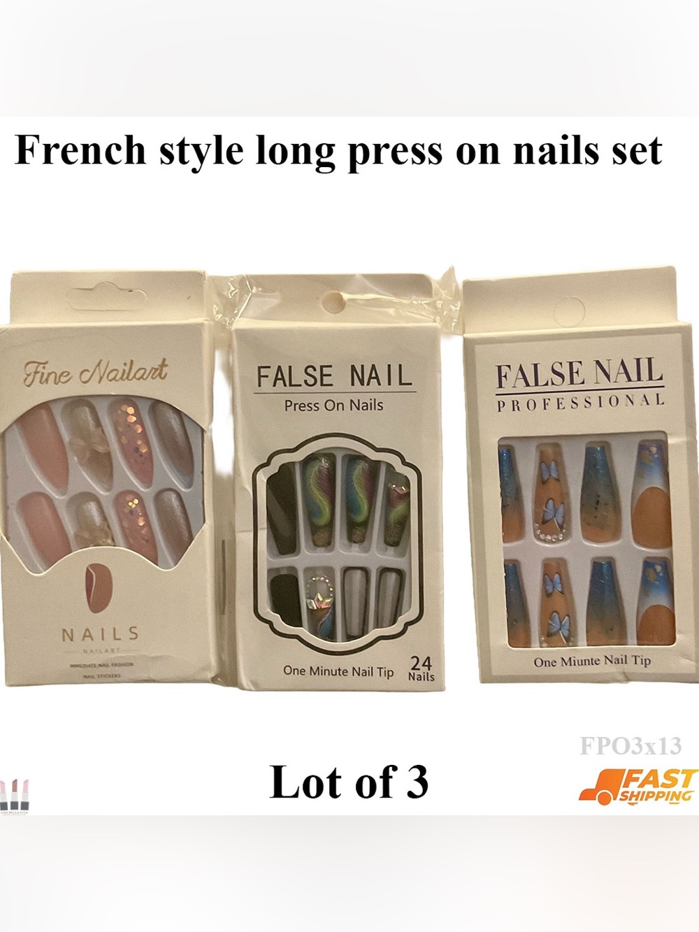 French style long press on nails set lot of 3